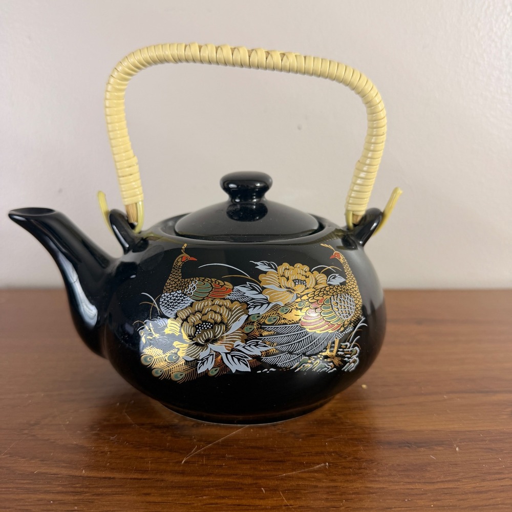 Vintage Black Ceramic Teapot Peacock Floral Wicker Handle Asian Tea Pot